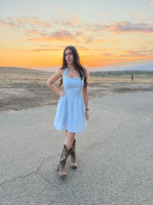 Halter Square Neck Gathered Waist Mini Dress