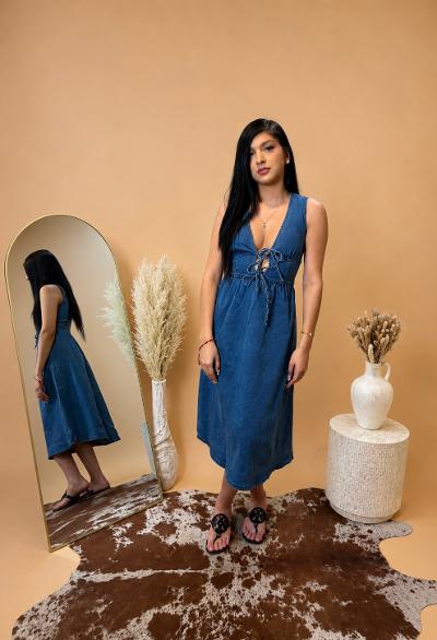 Stretch Denim Tie-front Midi Dress