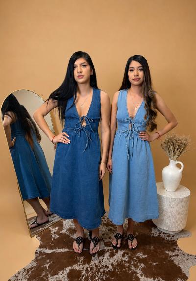 Stretch Denim Tie-front Midi Dress