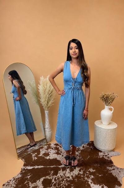 Stretch Denim Tie-front Midi Dress