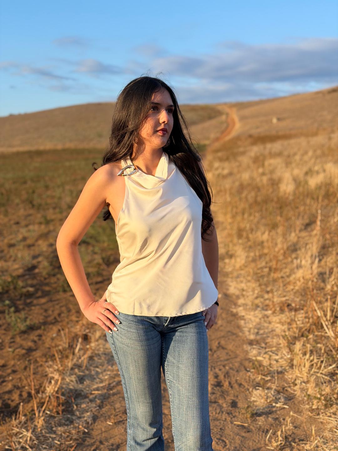 Halter Neck Blouse With Gold Ring Accent