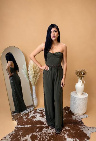 Strapless Twist Front Wide Leg Jumpsuit