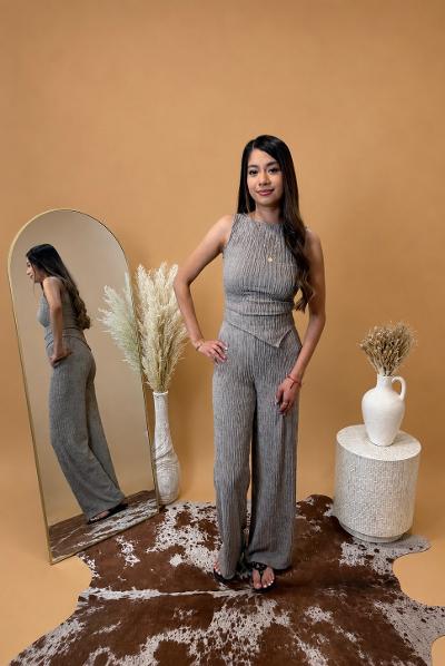 Asymmetrical Hem Crop Top And Wide Leg Pant Set