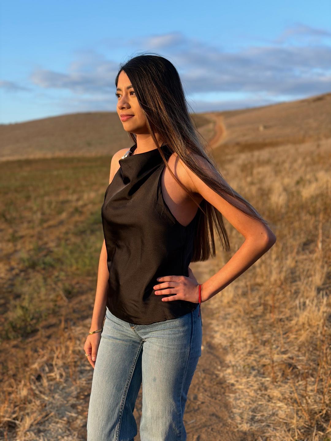 Halter Neck Blouse With Gold Ring Accent