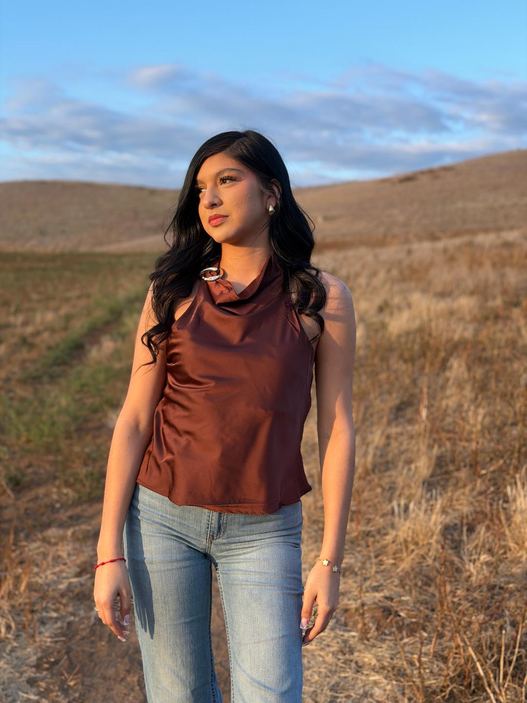 Halter Neck Blouse With Gold Ring Accent